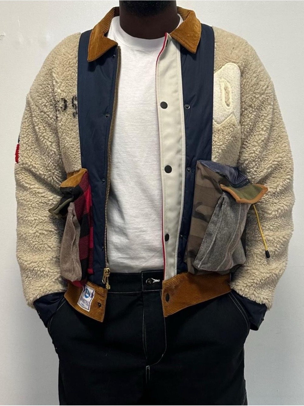 Men's Cream Sherpa Bomber Jacket with Navy Trim